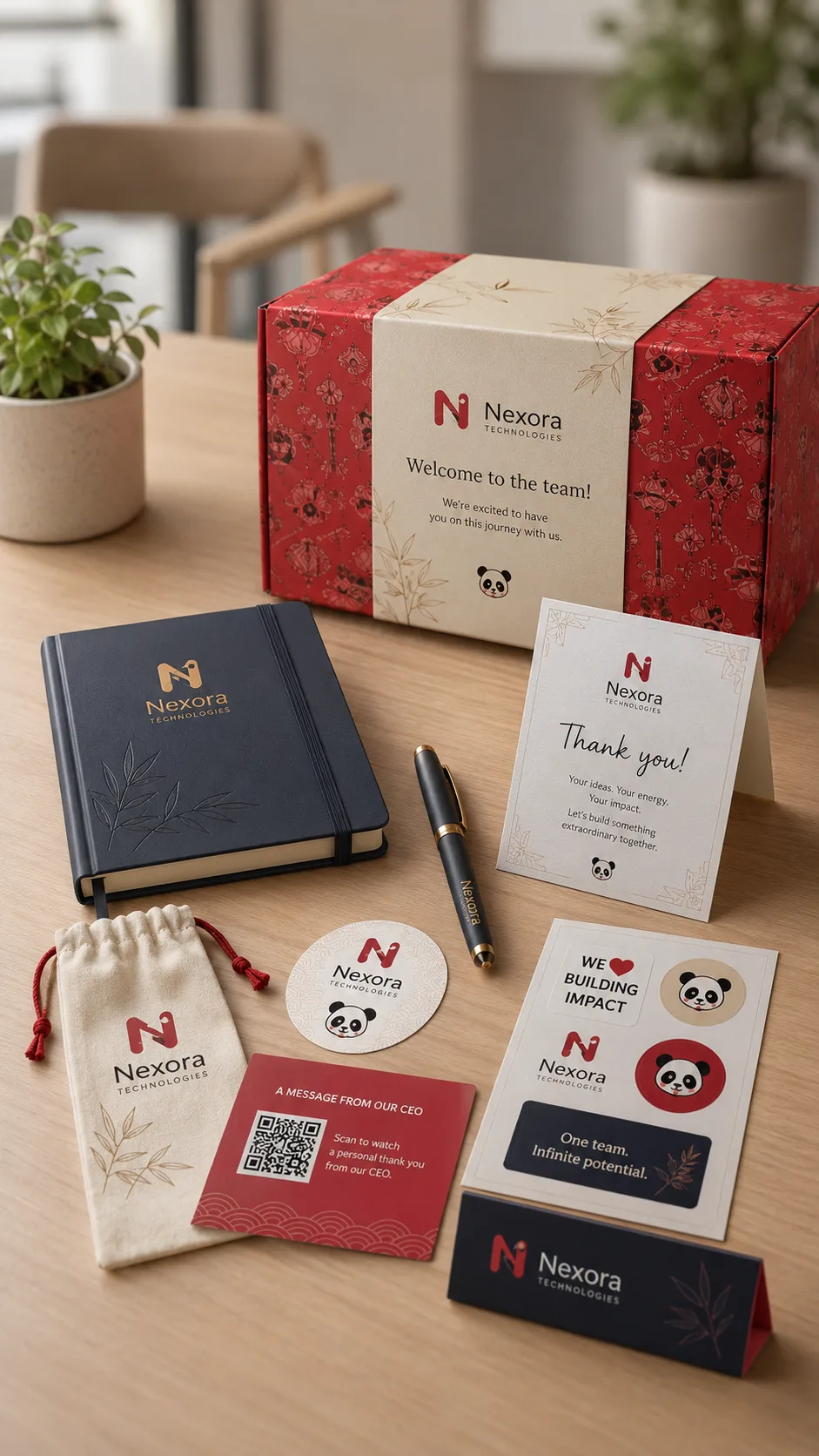 Custom branded Lucky Panda shipment with box, printed cards, QR insert, and office supplies