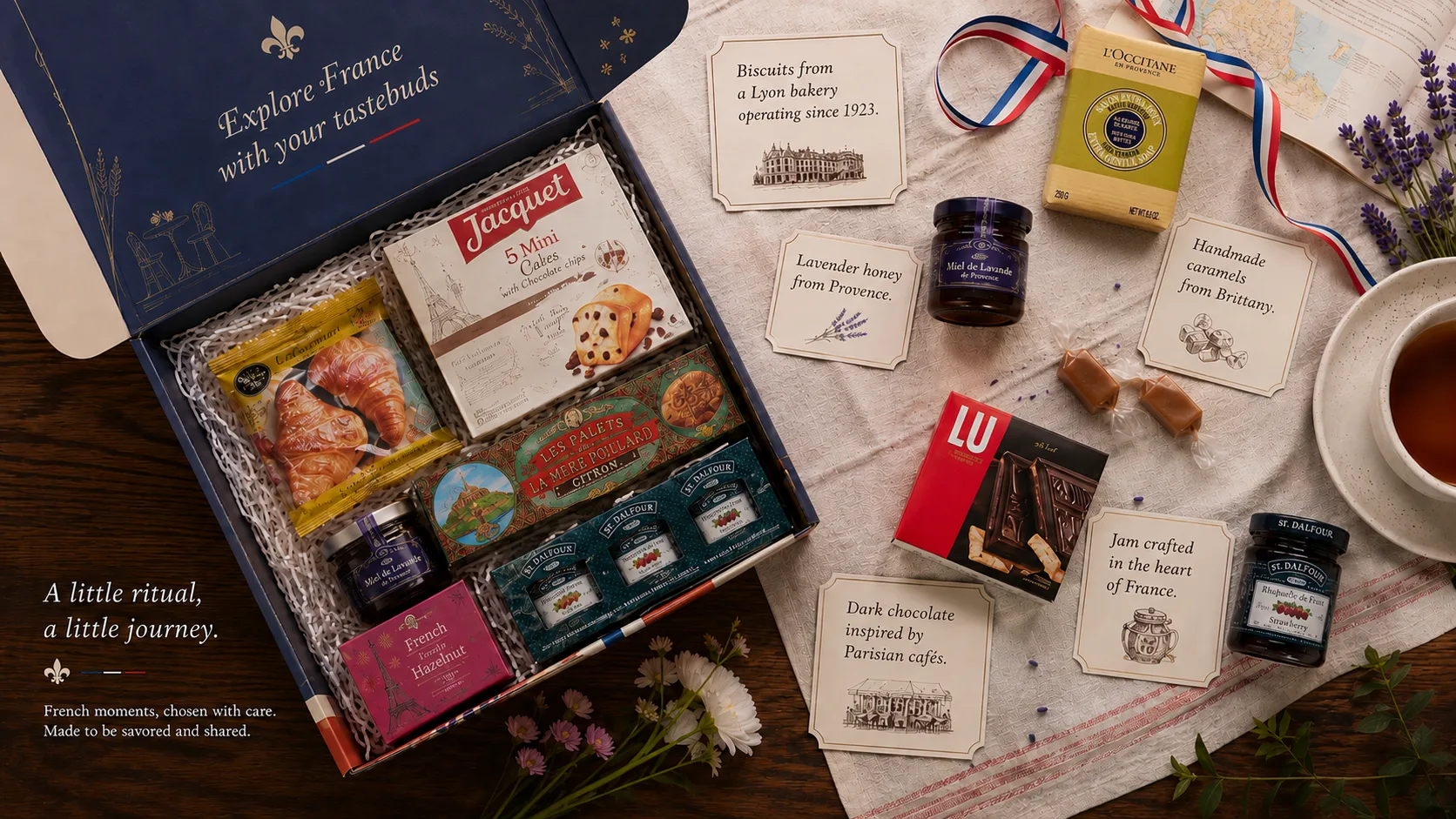 French gift box flatlay with curated treats and tasting story cards